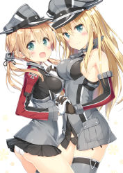 Rule 34 | 10s, 2girls, :d, anchor hair ornament, ass, bare shoulders, bismarck (kancolle), black gloves, black panties, blonde hair, blue eyes, blush, breasts, cross, detached sleeves, gloves, grey legwear, hair ornament, hat, holding hands, interlocked fingers, iron cross, kani biimu, kantai collection, large breasts, long hair, long sleeves, looking at viewer, military, military hat, military uniform, multiple girls, open mouth, panties, peaked cap, prinz eugen (kancolle), sideboob, simple background, skirt, smile, thighhighs, twintails, underwear, uniform, white background, white gloves, white panties