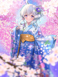 Rule 34 | 1girl, absurdres, bad id, bad pixiv id, blue archive, blue kimono, blurry, blurry background, blush, closed mouth, earrings, floral print, flower, grey hair, hair bun, hair flower, hair ornament, halo, hands up, headgear, highres, japanese clothes, jewelry, kimono, long hair, long sleeves, nano (blueoekaki), noa (blue archive), sash, smile, solo, standing, white sleeves