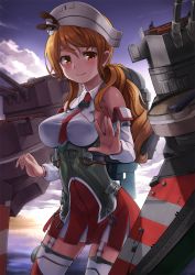 Rule 34 | 10s, 1girl, bare shoulders, blush, breasts, brown eyes, brown hair, delta monster, detached sleeves, garter straps, headdress, highres, kantai collection, large breasts, littorio (kancolle), long hair, looking at viewer, machinery, matching hair/eyes, miniskirt, necktie, pleated skirt, shirt, skirt, sleeveless, sleeveless shirt, smile, solo, thighhighs, turret, wavy hair, zettai ryouiki
