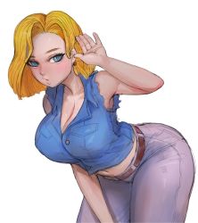 Rule 34 | 1girl, android 18, breasts, cleavage, dragonball z, highres, large breasts, looking at viewer, ohthicc, otik, solo