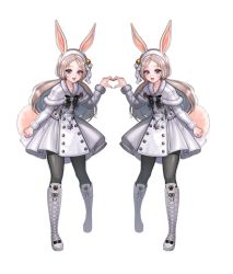 Rule 34 | 2girls, animal ears, arm up, bell, black legwear, blade &amp; soul, blue eyes, boots, brown hair, rabbit ears, rabbit tail, capelet, dress, full body, grey capelet, grey dress, grey footwear, hair ornament, hairband, heart, heart hands, heart hands duo, jewelry, jingle bell, knee boots, long hair, lyn (blade &amp; soul), mirrored, multiple girls, open mouth, pantyhose, pendant, rity, simple background, smile, symmetry, tail, white background