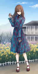 Rule 34 | 1girl, absurdres, bare tree, black bow, blue dress, blurry, bow, brown eyes, brown hair, cloud, commentary request, day, depth of field, dress, floral print, flower, full body, highres, idolmaster, idolmaster cinderella girls, loafers, long hair, long sleeves, looking at viewer, mansion, mizumoto yukari, outdoors, parted lips, shoes, sky, smile, solo, standing, toshio, tree, tulip