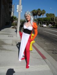 Rule 34 | 1girl, absurdres, blue hair, bodysuit, breasts, choker, cleavage, contrapposto, cosplay, cosplay photo, earrings, fire hydrant, hands on own hips, highres, jewelry, multicolored hair, photo (medium), ryouko (tenchi muyou!), ryouko (tenchi muyou!) (cosplay), smile, solo, standing, tenchi muyou!