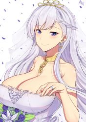 Rule 34 | 1girl, absurdres, artist name, asymmetrical bangs, azur lane, band-width, belfast (azur lane), belfast (the pledge of claddagh) (azur lane), belfast (the pledge of claddagh) (azur lane), blue flower, blush, bouquet, braid, breasts, bridal veil, chain, cleavage, closed mouth, collar, collarbone, dress, earrings, flower, french braid, frills, half updo, highres, huge breasts, jewelry, lily (flower), long hair, looking at viewer, nail polish, petals, pink nails, ring, silver hair, smile, solo, star (symbol), star earrings, strapless, strapless dress, tiara, upper body, veil, very long hair, wedding band, wedding dress, white flower, wind