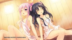 Rule 34 | 10s, 2015, 2girls, alternate hairstyle, arm support, black hair, blush, breasts, collarbone, company name, dutch angle, closed eyes, hair ribbon, highres, long hair, multiple girls, naked towel, navel, nepgear, neptune (series), non-web source, official art, one eye closed, open mouth, ponytail, purple eyes, purple hair, ribbon, sauna, scrunchie, shin jigen game neptune vii, sitting, small breasts, sweat, towel, tsunako, two side up, uni (neptunia), watermark