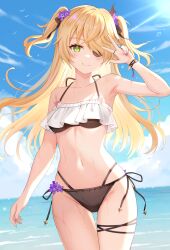 Rule 34 | 1girl, bikini, black bikini, blonde hair, breasts, eyepatch, fischl (genshin impact), flower, genshin impact, green eyes, hair flower, hair ornament, hair ribbon, highres, horizon, long hair, nasii, navel, ribbon, sky, small breasts, smile, solo, stomach, swimsuit, twintails, two side up, water