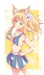 Rule 34 | 1girl, animal ear fluff, animal ears, beer can, bikini, bikini top only, blonde hair, blue skirt, breasts, can, cleavage, drink can, flower, fox ears, from side, grey eyes, hair flower, hair ornament, hand on own hip, highres, jerry3912, long hair, no tail, original, revision, skirt, small breasts, solo, swimsuit, thighs, wind