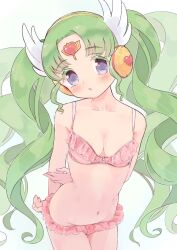 Rule 34 | 1girl, :o, arms behind back, bare shoulders, blush, bra, breasts, cleavage, colored eyelashes, commentary request, cowboy shot, falulu, falulu (awakened), forehead jewel, frilled bra, frilled panties, frills, green hair, grey eyes, hand on own arm, headphones, highres, hyakumangoku masurao, long hair, looking at viewer, navel, open mouth, panties, parted bangs, pink bra, pink panties, pretty series, pripara, sidelocks, small breasts, solo, standing, twintails, underwear, underwear only, very long hair, white background, wing hair ornament