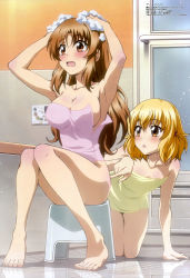 Rule 34 | 2girls, :o, absurdres, alternate hairstyle, armpits, arms up, barefoot, bath stool, blonde hair, blush, breasts, brown eyes, brown hair, bubble, cleavage, d-frag!, feet, hair down, highres, large breasts, legs, long hair, maruyama shuuji, megami magazine, multiple girls, naked towel, non-web source, official art, open mouth, poking, reflection, reflective floor, shibasaki roka, short hair, sitting, small breasts, soap bubbles, stool, takao (d-frag!), toes, towel, washing, washing hair