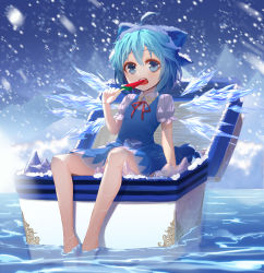 Rule 34 | 1girl, absurdres, bad id, bad pixiv id, bare legs, barefoot, blue dress, blue eyes, blue hair, cirno, commentary request, dress, eating, food, highres, ice, ice wings, lo-ta, popsicle, puffy short sleeves, puffy sleeves, revision, short dress, short sleeves, sitting, sleeveless, sleeveless dress, snowing, solo, touhou, watermelon bar, wings