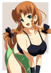 Rule 34 | 1girl, bare legs, bare shoulders, bow, braid, breasts, cleavage, female focus, green eyes, hair bow, hong meiling, large breasts, leaning forward, long hair, no headwear, no shirt, open mouth, red eyes, shin&#039;ya (nanp), side slit, simple background, smile, solo, sports bra, touhou, twin braids
