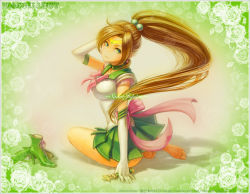 Rule 34 | 1girl, alternate hair length, alternate hairstyle, artist name, bad id, bad pixiv id, barefoot, bishoujo senshi sailor moon, boots, bow, brooch, brown hair, character name, choker, elbow gloves, floral background, unworn footwear, full body, gloves, green background, green eyes, green footwear, green skirt, green theme, hair bobbles, hair ornament, heart, heart brooch, jewelry, kino makoto, long hair, looking back, maco (macoillust), magical girl, miniskirt, pink bow, pleated skirt, ponytail, revision, ribbon, sailor collar, sailor jupiter, shoes, unworn shoes, sitting, skirt, solo, tiara, white gloves