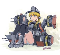 Rule 34 | 10s, 1girl, 4suke, :d, black thighhighs, blonde hair, blue eyes, cross, gloves, hair ornament, hand on headwear, hat, image sample, iron cross, kantai collection, long hair, long sleeves, machinery, military, military uniform, open mouth, over-kneehighs, panties, pantyshot, peaked cap, prinz eugen (kancolle), sitting, smile, solo, thighhighs, turret, twintails, underwear, uniform, white gloves, white panties