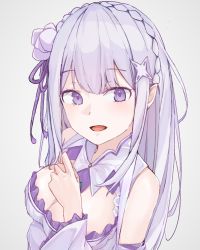 Rule 34 | 1girl, :d, bare shoulders, blush, breasts, cleavage, cleavage cutout, clothing cutout, commentary, dress, elf, emilia (re:zero), flower, frilled dress, frills, grey background, hair flower, hair ornament, hair ribbon, hand on own chest, highres, long sleeves, looking at viewer, medium breasts, open mouth, pointy ears, purple eyes, purple ribbon, re:zero kara hajimeru isekai seikatsu, ribbon, silver hair, simple background, smile, solo, symbol-only commentary, upper body, viewran, white dress, white flower