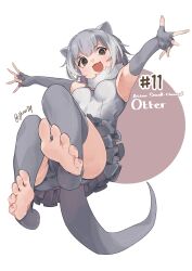 Rule 34 | 1girl, absurdres, animal ears, bare shoulders, barefoot, blush, brown eyes, elbow gloves, fingerless gloves, frilled one-piece swimsuit, frills, gloves, grey gloves, grey hair, grey one-piece swimsuit, grey thighhighs, hair between eyes, highres, jknor, kemono friends, multicolored hair, one-piece swimsuit, open mouth, otter ears, otter girl, otter tail, short hair, sidelocks, small-clawed otter (kemono friends), smile, solo, swimsuit, tail, thighhighs, toeless legwear, two-tone hair, two-tone one-piece swimsuit, white hair, white one-piece swimsuit