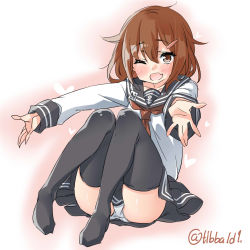 Rule 34 | 10s, 1girl, ;d, anchor symbol, bad id, bad twitter id, black skirt, black thighhighs, blush, brown eyes, brown hair, commentary request, ebifurya, fang, full body, hair between eyes, hair ornament, hairclip, heart, highres, ikazuchi (kancolle), inactive account, kantai collection, long sleeves, looking at viewer, neckerchief, no shoes, one eye closed, open mouth, panties, pantyshot, pleated skirt, red neckerchief, revision, school uniform, serafuku, short hair, sitting, skirt, smile, solo, thighhighs, twitter username, underwear, white panties