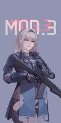 Rule 34 | 1girl, absurdres, an-94, an-94 (girls&#039; frontline), an-94 (mod3) (girls&#039; frontline), armor, assault rifle, bad id, bad pixiv id, black gloves, blonde hair, blue background, blue eyes, feet out of frame, girls&#039; frontline, gloves, gun, hairband, highres, holding, holding gun, holding weapon, holstered, jacket, long hair, long sleeves, looking at viewer, mod3 (girls&#039; frontline), open mouth, ponytail, revision, rifle, simple background, solo, standing, tactical clothes, useless (gss44344), weapon