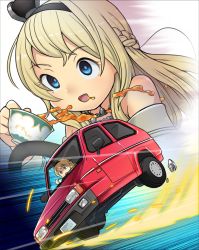 Rule 34 | 1girl, blonde hair, blue eyes, braid, car, close-up, commentary request, crown, cup, dress, driving, emphasis lines, french braid, highres, jewelry, kantai collection, long hair, mini crown, mizuki raika, motion lines, motor vehicle, necklace, off-shoulder dress, off shoulder, reliant robin, solo, spill, tea, teacup, upper body, vehicle focus, warspite (kancolle), zoom layer
