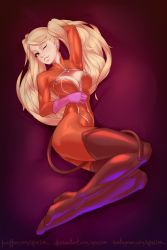 1girl, absurdres, bangs, blonde hair, blue eyes, blush, bodysuit, bodysuit pull, breasts, closed mouth, fake tail, gloves, highres, huge filesize, latex, long hair, looking at viewer, medium breasts, multicolored, multicolored bodysuit, multicolored clothes, open clothes, persona, persona 5, red bodysuit, shiny, shiny clothes, shiny hair, simple background, skin tight, smile, solo, tail, takamaki anne, thighhighs, upsi1on
