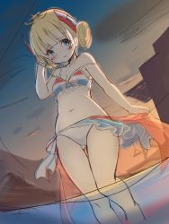 Rule 34 | 1girl, azur lane, bare arms, bare shoulders, bikini, blonde hair, blue eyes, blush, breasts, cleavage, collarbone, double bun, embarrassed, evening, feet out of frame, french flag swimsuit, from below, gluteal fold, heaven&#039;s melody, highres, le triomphant (azur lane), looking at viewer, navel, outdoors, parted lips, short hair, sidelocks, sketch, sky, small breasts, solo, standing, stomach, strap slip, sunset, swimsuit, thigh gap, tiara, wading