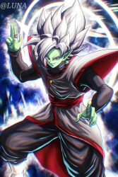 Rule 34 | 1boy, absurdres, artist name, baggy pants, black pants, black shirt, buttons, colored skin, commentary request, dougi, dragon ball, dragon ball super, earrings, energy, fang, feet out of frame, fused zamasu, glint, glowing, green skin, grey eyes, grin, hand up, highres, jewelry, long sleeves, looking at viewer, luna (tdvt7332), male focus, pants, parted bangs, potara earrings, red sash, ring, sash, shirt, smile, solo, spiked hair, teeth, twitter username, undershirt, v-shaped eyebrows, white hair