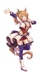 Rule 34 | 1girl, animal ears, arm up, blue eyes, boots, breasts, crop top, hair ornament, highres, horse ears, horse girl, horse tail, jacket, large breasts, light brown hair, looking at viewer, medium hair, midriff, official art, ponytail, purple thighhighs, red shorts, shorts, simple background, solo, star (symbol), star hair ornament, starting future (umamusume), taiki shuttle (umamusume), tail, thigh strap, thighhighs, umamusume, white footwear, white jacket