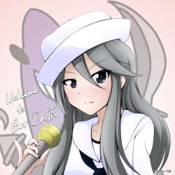 Rule 34 | 1girl, black neckerchief, blouse, blue eyes, closed mouth, commentary, dixie cup hat, emblem, english text, flint (girls und panzer), girls und panzer, hair between eyes, hat, holding, holding microphone, long hair, long sleeves, looking at viewer, microphone, military hat, neckerchief, ooarai naval school uniform, orc peon 7503, pinky out, portrait, sailor, sailor collar, school uniform, shark, shirt, silver hair, smile, solo, tilted headwear, twitter username, white hat, white sailor collar, white shirt
