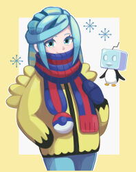 Rule 34 | 1boy, blue mittens, blue scarf, closed mouth, commentary request, creatures (company), eiscue, eiscue (ice), eyelashes, game freak, gen 8 pokemon, green eyes, green hair, green pants, grusha (pokemon), hand in pocket, jacket, kirara (hitominak3), long sleeves, looking at viewer, male focus, medium hair, mittens, nintendo, pants, poke ball print, pokemon, pokemon sv, scarf, smile, snowflakes, striped clothes, striped scarf, yellow jacket