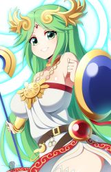 Rule 34 | 1girl, ancient greek clothes, bad id, bad twitter id, bare shoulders, belt, breasts, chiton, circlet, cowboy shot, dress, green eyes, green hair, halo, highres, jewelry, kid icarus, large breasts, long hair, looking at viewer, nintendo, palutena, parted bangs, shield, side slit, simple background, smile, staff, thighhighs, totallyiryanic, very long hair, white background, white dress, white thighhighs