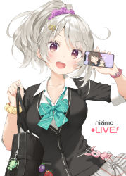 Rule 34 | 1girl, :d, bag, black cardigan, blue bow, blush, bow, breasts, brown eyes, cardigan, cellphone, collared shirt, commentary request, copyright request, dress shirt, grey hair, grey skirt, hair ornament, hair scrunchie, hand up, high ponytail, highres, holding, holding phone, kani biimu, looking at viewer, medium breasts, open mouth, phone, plaid, plaid skirt, ponytail, purple scrunchie, school bag, school uniform, scrunchie, shirt, short sleeves, simple background, skirt, smile, solo, star (symbol), star hair ornament, teeth, upper teeth only, virtual youtuber, white background, white shirt, wrist scrunchie, yellow scrunchie