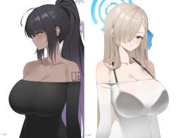 Rule 34 | 2girls, absurdres, ahoge, alternate costume, arm tattoo, artist name, asuna (blue archive), asymmetrical bangs, black bra, black shirt, blue archive, blush, bra, bra visible through clothes, breasts, cleavage, collarbone, dark-skinned female, dark skin, gradient hair, hair over one eye, halo, highres, karin (blue archive), large breasts, long hair, looking at viewer, looking to the side, mole, mole on breast, multicolored hair, multiple girls, number tattoo, off-shoulder shirt, off shoulder, one eye covered, ponytail, purple hair, shirt, sidelocks, signature, simple background, smile, stitched, straight hair, tattoo, third-party edit, tomid, underwear, upper body, very long hair, white background, white shirt