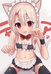 Rule 34 | 1girl, alternate costume, animal ear legwear, animal ears, apron, bandeau, bare shoulders, bell, black skirt, black thighhighs, blush, bow, bowtie, breasts, cat ear legwear, cat ears, cat tail, cross-laced clothes, fate/kaleid liner prisma illya, fate (series), frills, hair between eyes, highres, illyasviel von einzbern, jingle bell, long hair, looking at viewer, maid headdress, miniskirt, navel, open mouth, pan korokorosuke, paw pose, red eyes, sidelocks, sitting, skirt, small breasts, smile, solo, tail, text background, thighhighs, translation request, waist apron, white apron, white hair, wrist cuffs