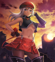 Rule 34 | 10s, 1girl, adjusting hair, alisa ilinichina amiella, bare shoulders, blue eyes, boots, breasts, building, cabbie hat, fingerless gloves, gloves, god eater, god eater burst, hand on own hip, hashi, hat, hip focus, midriff, navel, pantyhose, ruins, skirt, sky, solo, sun, sunset, suspender skirt, suspenders, thigh boots, thighhighs, underboob, white hair