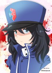 Rule 34 | 10s, 1girl, :|, andou (girls und panzer), bc freedom (emblem), bc freedom military uniform, black eyes, black hair, blood, blood splatter, blue hat, blue jacket, blue vest, closed mouth, commentary, cropped arms, cropped torso, dark-skinned female, dark skin, dated, dress shirt, emblem, girls und panzer, hat, high collar, highres, jacket, long sleeves, looking at viewer, medium hair, military, military hat, military uniform, one-hour drawing challenge, portrait, shako cap, shiina excel, shirt, solo, twitter username, uniform, vest, white background, white shirt
