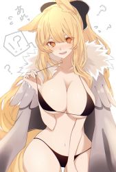 Rule 34 | !?, 1girl, ?, @ @, alternate costume, animal ears, arknights, bikini, black bikini, black bow, blemishine (arknights), blonde hair, blush, bow, breasts, cleavage, cloak, commentary, confused, cowboy shot, curvy, embarrassed, eyelashes, eyes visible through hair, fur-trimmed cloak, fur trim, grey cloak, hair between eyes, hair bow, highres, hk nnm, horse ears, large breasts, long hair, looking at viewer, navel, open cloak, open clothes, open mouth, orange eyes, ponytail, simple background, solo, stomach, strap pull, string bikini, swimsuit, white background