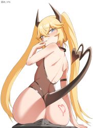 Rule 34 | 1girl, ass, blonde hair, blue eyes, breasts, demon horns, demon tail, highres, horns, last origin, leotard, thetis (last origin), narabi, naughty face, see-through, sitting, sitting on lap, sitting on person, small breasts, tail, thong leotard