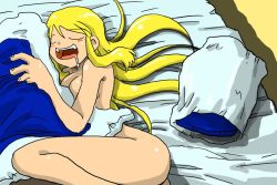 Rule 34 | 1girl, agrias oaks, amahara, blonde hair, breasts, cleavage, closed eyes, final fantasy, final fantasy tactics, large breasts, long hair, lying, nude, on side, open mouth, sleeping, solo