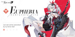 Rule 34 | 1girl, blue eyes, character name, eupheria, higan: eruthyll, high ponytail, holding, holding weapon, looking at viewer, official art, shorts, solo, weapon, white hair