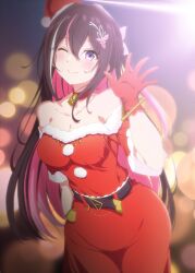 Rule 34 | 1girl, ;), absurdres, arms behind back, azki (hololive), bare shoulders, bell, belt, blurry, blush, bokeh, bracelet, breasts, brown hair, choker, christmas, cleavage, closed mouth, colored inner hair, cowboy shot, depth of field, dress, fur-trimmed dress, fur trim, gloves, hair ornament, hairclip, hand up, hat, highres, hololive, jewelry, looking at viewer, multicolored hair, neck bell, official alternate hair length, official alternate hairstyle, one eye closed, one side up, pink hair, purple eyes, red choker, red dress, red gloves, red hat, santa costume, santa dress, santa hat, shimada (odddddd64), small breasts, smile, solo, streaked hair, taut clothes, taut dress, virtual youtuber, waving