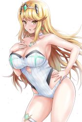 Rule 34 | 1girl, bare arms, blonde hair, blush, breasts, casual one-piece swimsuit, choker, cleavage, hand on own chest, hand on own hip, hand up, headpiece, large breasts, leaning forward, legs, long hair, mythra (radiant beach) (xenoblade), mythra (xenoblade), one-piece swimsuit, parted lips, r-binon, ribbed swimsuit, simple background, solo, strapless, strapless one-piece swimsuit, striped clothes, striped one-piece swimsuit, swimsuit, thigh strap, thighs, tiara, v-shaped eyebrows, vertical-striped clothes, vertical-striped one-piece swimsuit, white background, white choker, white one-piece swimsuit, xenoblade chronicles (series), xenoblade chronicles 2