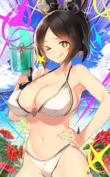 Rule 34 | 1girl, aquaplus, bare arms, bare legs, bare shoulders, beach, blue sky, breasts, brown eyes, brown hair, cleavage, cloud, cloudy sky, collarbone, cup, curvy, drink, eyelashes, flower, hand on own hip, highres, holding, holding cup, large breasts, licking, licking lips, long hair, looking at viewer, mahomi, medium hair, midriff, official art, one eye closed, ponytail, raised eyebrows, red flower, sideboob, sidelocks, sky, smile, solo, sparkling eyes, swept bangs, swimsuit, tatami to hinoki, tongue, tongue out, utawarerumono, utawarerumono: lost flag, water