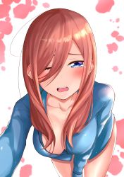 Rule 34 | 1girl, absurdres, blue eyes, blue shirt, blush, breasts, cleavage, collarbone, color iroha, commentary request, go-toubun no hanayome, hair between eyes, hair over one eye, highres, leaning forward, legs, long hair, long sleeves, looking at viewer, medium breasts, nakano miku, naked shirt, one eye closed, open mouth, red hair, shirt, solo, teeth, thighs
