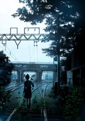 Rule 34 | 1girl, animal, arm at side, bird, cable, dark, day, facing away, grass, hand up, hood, hoodie, kneehighs, leaf, long hair, original, outdoors, plant, pleated skirt, ponytail, power lines, railroad tracks, scenery, shoes, sign, skirt, socks, solo, takeyan (774gon), train, train station, walking