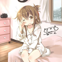 Rule 34 | 10s, 1girl, bed, brown eyes, brown hair, curtains, darkside, drawer, dress shirt, folded ponytail, inazuma (kancolle), kantai collection, no pants, on bed, one eye closed, open mouth, shirt, sitting, sleeping, solo, window, yawning