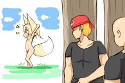 Rule 34 | 1girl, 2boys, :d, animal ears, arm up, bad id, bad pixiv id, bald, bandana, barefoot, black shirt, blonde hair, blue sky, blush stickers, comic, commentary request, day, earrings, faceless, faceless male, fox ears, fox girl, fox tail, greenteaneko, hair between eyes, highres, jewelry, light brown hair, long hair, multiple boys, muscular, nude, open mouth, original, outdoors, profile, public indecency, public nudity, purple eyes, shirt, short sleeves, silent comic, skull print, sky, smile, tail, tree, walking