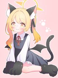 Rule 34 | 1girl, :3, absurdres, animal ear fluff, animal ears, animal hands, black tail, black wings, blonde hair, blue archive, blush, cat ears, cat paws, cat tail, demon wings, dress, extra ears, halo, highres, ibuki (blue archive), long hair, paw print, paw print background, petako (ptpt k), pinafore dress, pink background, pointy ears, ribbon, sleeveless, sleeveless dress, solo, tail, wings, yellow eyes, yellow halo
