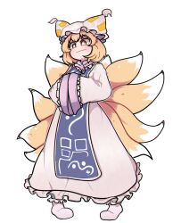 Rule 34 | 1girl, closed mouth, commentary request, dress, fox tail, full body, hands in opposite sleeves, hat, highres, linkaluote, long sleeves, looking at viewer, mob cap, multiple tails, solo, tail, touhou, white dress, white footwear, white hat, yakumo ran, yellow eyes