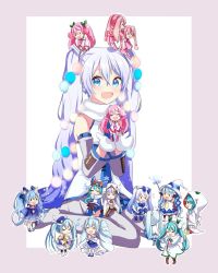 Rule 34 | 6+girls, arms up, aryuma772, band uniform, bare shoulders, beamed eighth notes, black legwear, blouse, blue bow, blue coat, blue dress, blue eyes, blue hair, blue headwear, blue neckwear, blunt bangs, boots, bow, cherry blossom print, cherry hair ornament, christmas lights, closed eyes, coat, commentary, detached sleeves, dress, earmuffs, eighth note, epaulettes, floral print, flower, food-themed hair ornament, frilled dress, frills, fur-trimmed coat, fur trim, gem, grey legwear, hair bow, hair flower, hair ornament, hat, hat feather, hatsune miku, highres, holding, holding person, holding wand, instrument, japanese clothes, kimono, layered dress, light blue hair, lily of the valley, long hair, looking at viewer, mini person, mini shako cap, minigirl, miniskirt, mittens, multiple girls, multiple persona, music, musical note, necktie, on head, on person, open mouth, owl ears, own hands together, pantyhose, pink hair, pink legwear, pink skirt, pink sleeves, playing instrument, pleated skirt, princess, robe, sakura miku, scarf, shiromuku, shirt, silver skirt, sitting, skirt, sleeveless, sleeveless shirt, smile, snow globe, snowbell (flower), solid oval eyes, sportswear, star (symbol), star hair ornament, thighhighs, tiara, twintails, uchikake, very long hair, vocaloid, wand, wariza, white legwear, white robe, white scarf, white shirt, witch hat, yellow neckwear, yuki miku, yuki miku (2010), yuki miku (2011), yuki miku (2012), yuki miku (2013), yuki miku (2014), yuki miku (2015), yuki miku (2016), yuki miku (2017), yuki miku (2018), yuki miku (2019), yuki miku (2020), zzz