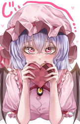 Rule 34 | 1girl, absurdres, blue hair, box, box of chocolates, commentary request, embarrassed, heart, heart-shaped box, heart-shaped pupils, highres, holding, mahoro (minase mahoro), pink eyes, pink headwear, pink shirt, remilia scarlet, shirt, short sleeves, solo, symbol-shaped pupils, touhou, valentine, white background