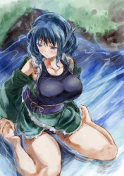 Rule 34 | 1girl, adapted costume, bad anatomy, bare legs, bare shoulders, blue eyes, blue hair, blue one-piece swimsuit, blush, breasts, collarbone, drill hair, fins, head fins, humanization, japanese clothes, kimono, large breasts, one-piece swimsuit, school swimsuit, short hair, short kimono, solo, swimsuit, touhou, wakasagihime, water, yohane